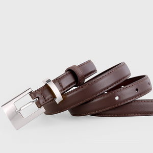 Brown cowhide leather belt with a silver buckle and keeper loop