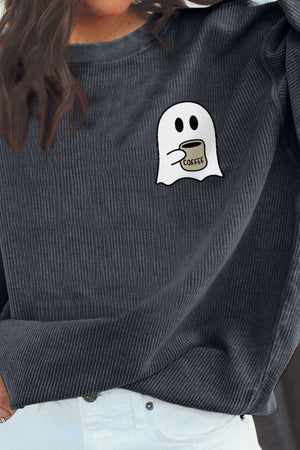 Charcoal corded sweatshirt with a cute ghost holding a coffee cup graphic.