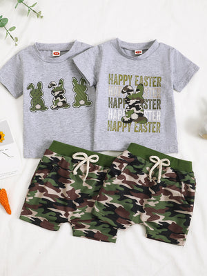 Gray Easter bunny camo t-shirt and shorts set for baby boys.