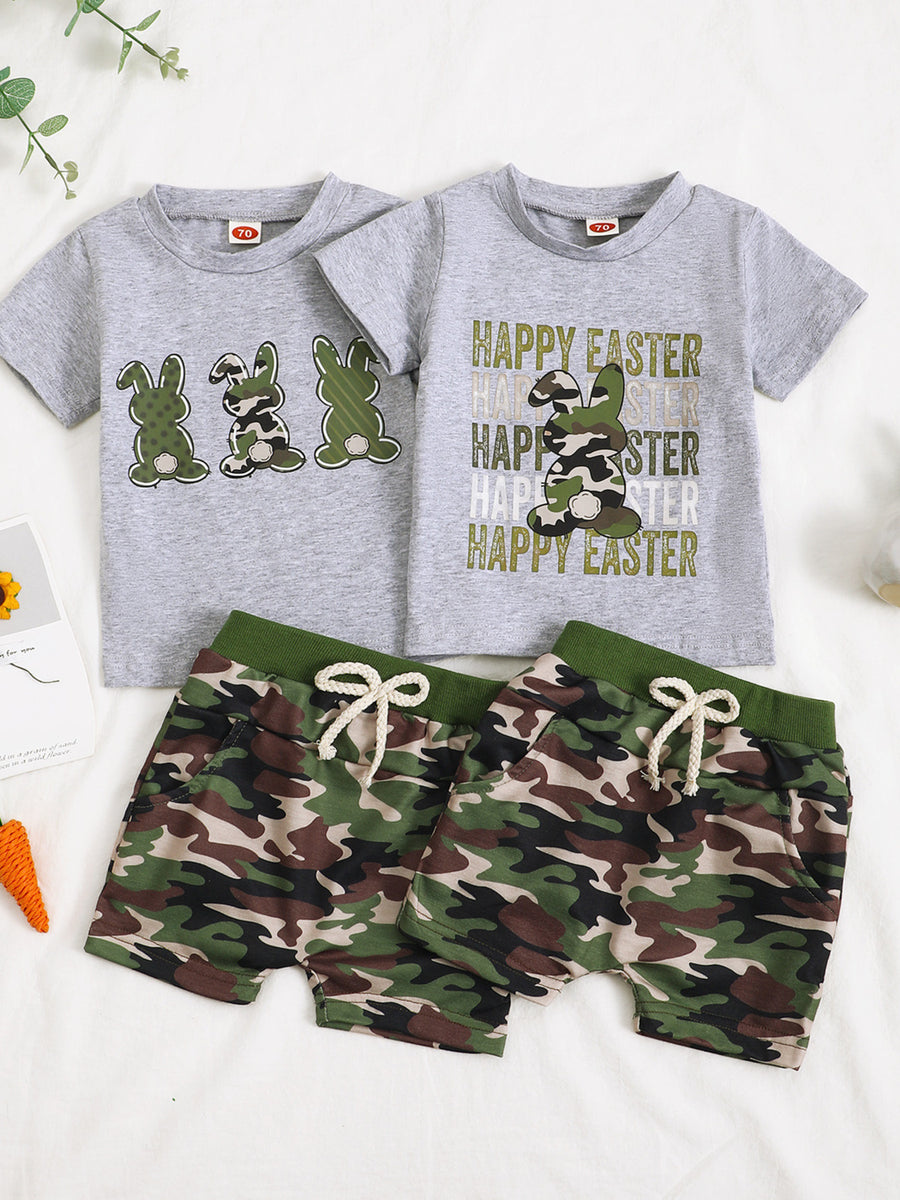 Gray Easter bunny camo t-shirt and shorts set for baby boys.