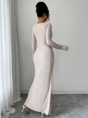 modern maxi dress in rust with asymmetrical