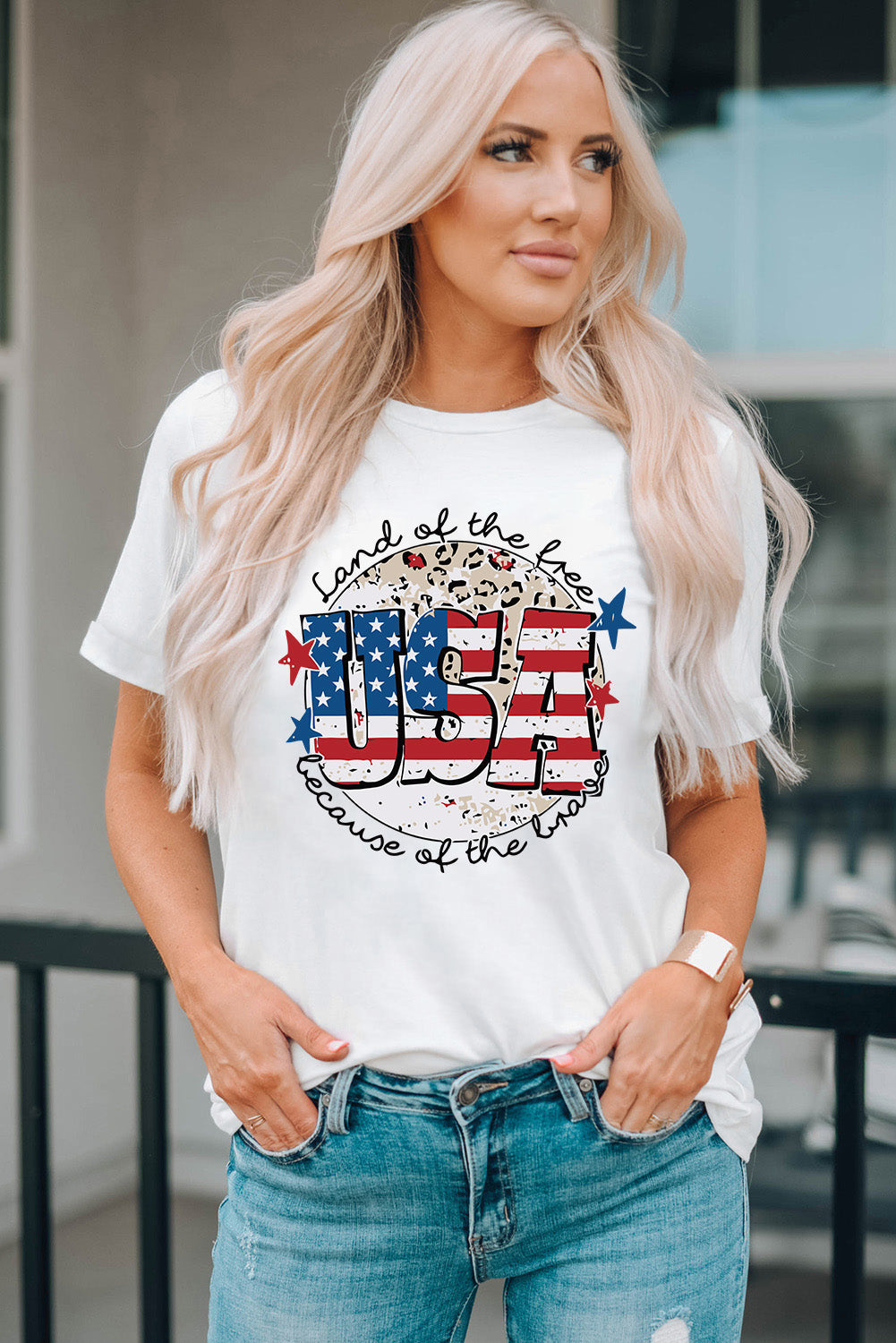 White t-shirt with USA flag graphic and leopard print detail
