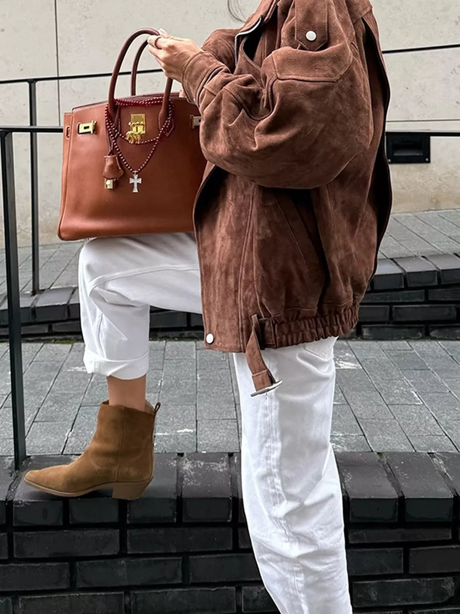 Brown oversized moto jacket with collared