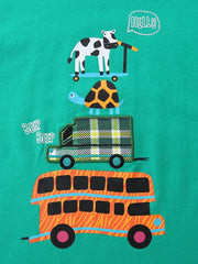 Green cotton toddler one-piece with stacked vehicle print: cow on scooter, turtle, plaid truck, orange bus.