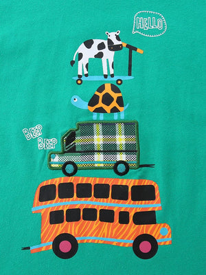 Green cotton toddler one-piece with stacked vehicle print: cow on scooter, turtle, plaid truck, orange bus.