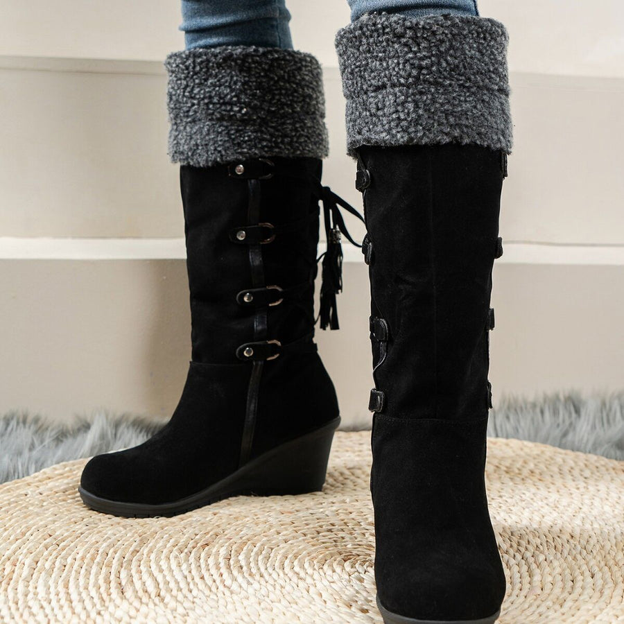 boots in taupe with faux fur lined and knee-length