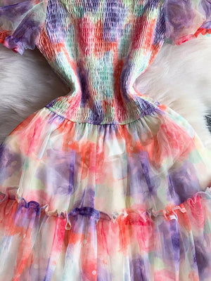Floral tiered midi dress with smocked bodice in a sherbet tie-dye print.