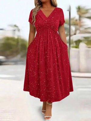 Black Full Size Glitter Flutter Sleeve Midi Dress Plus Size