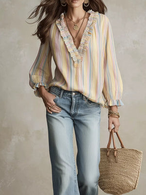 light yellow blouse with striped and v-neck