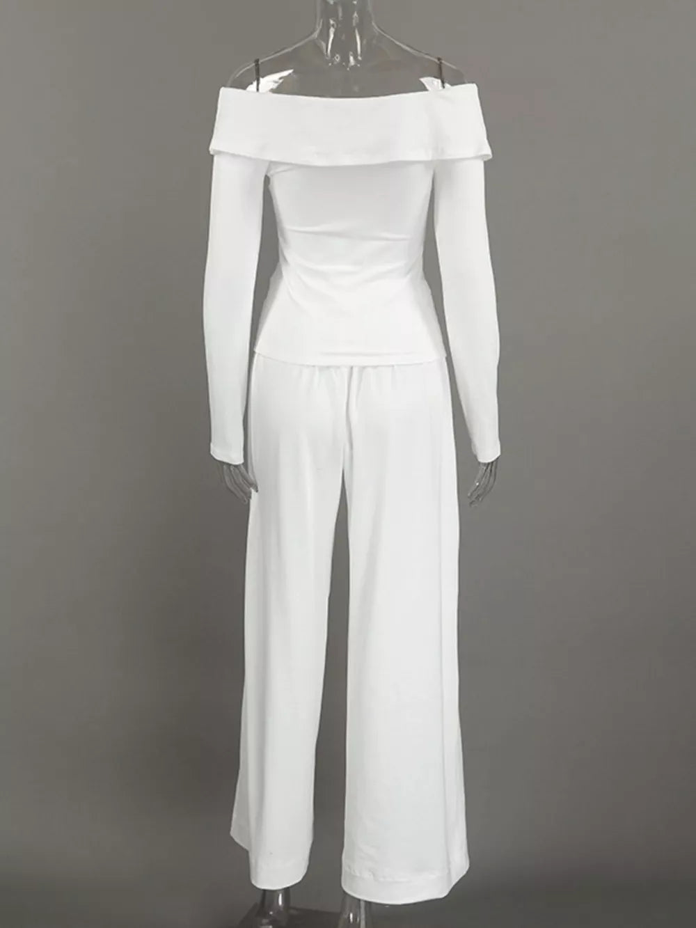 ivory off-shoulder top and wide-leg pants set with off-shoulder and long sleeve