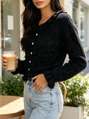 Soft Fuzzy Cardigan With Ruffled Collar in White with ruffled collar