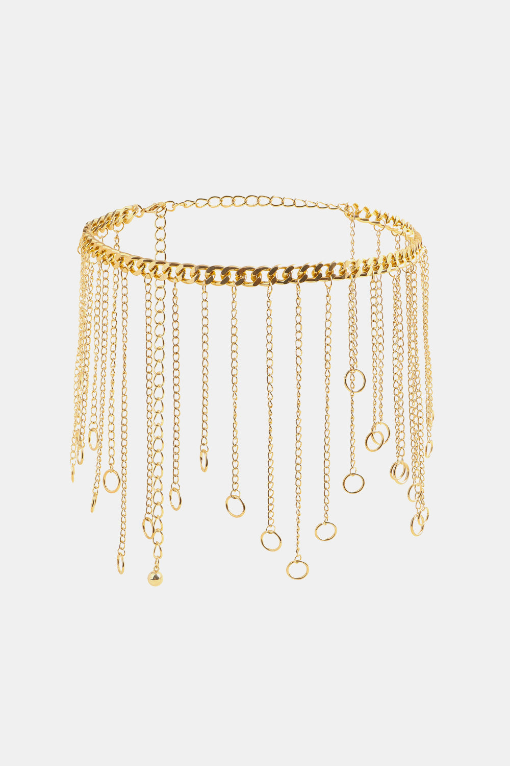 Gold chainmail belt with cascading chains and rings detail