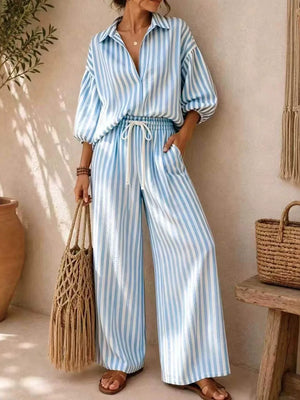Striped Puff Sleeve Shirt And Wide-leg Pants Set in Yellow-Green