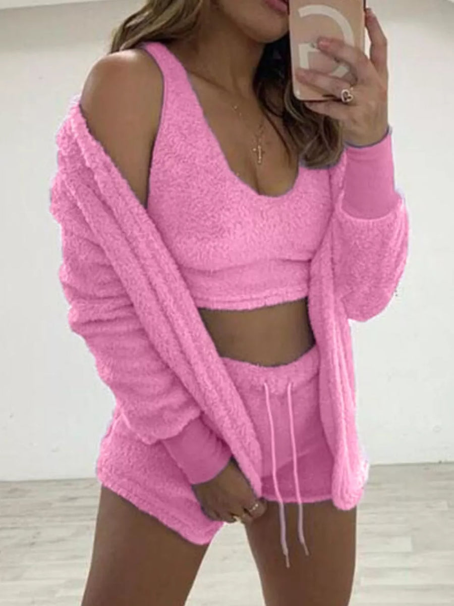 Black pajama set with cropped, mini, hip-length and open-front, drawstring, pullover