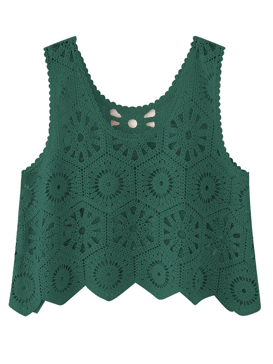 Crochet medallion tank top in dark green with scalloped hem and neckline detail.