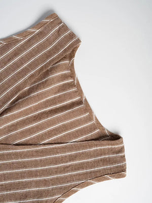 Chic striped two-piece set in camel with white pinstripes, featuring a tie-front detail.