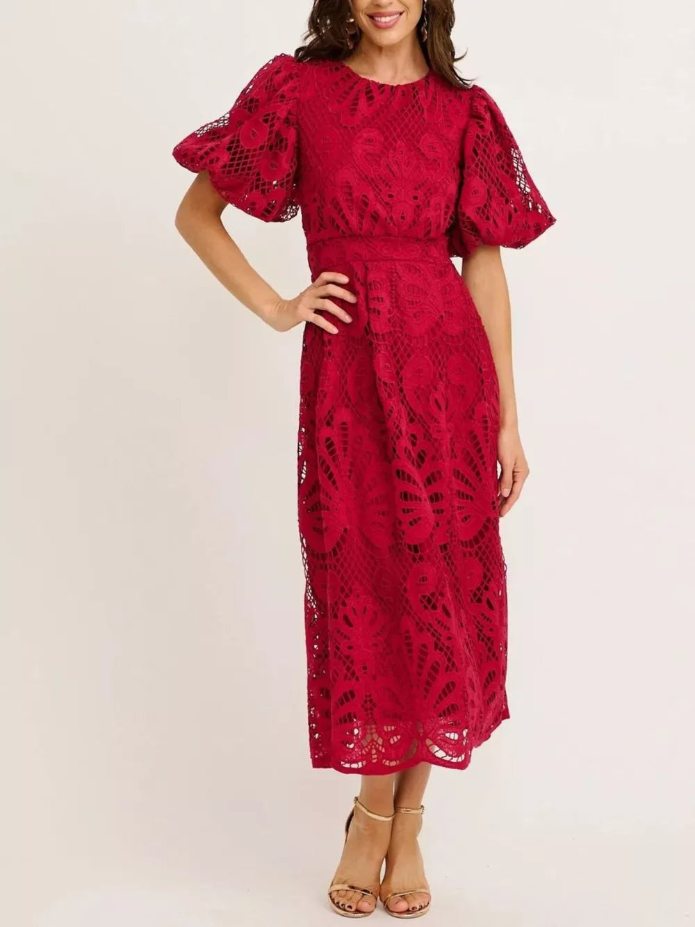 Wine red lace midi dress with puff sleeves and round neckline.