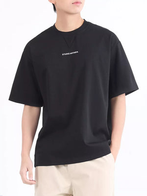 Black cotton blend crew neck t-shirt with embroidered logo detail