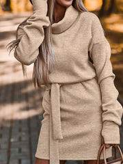 Khaki Turtleneck Belted Knit Dress
