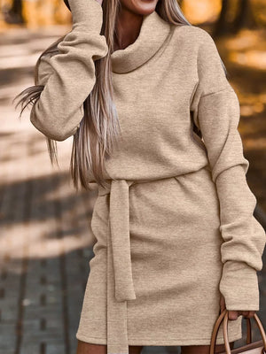 Khaki Turtleneck Belted Knit Dress