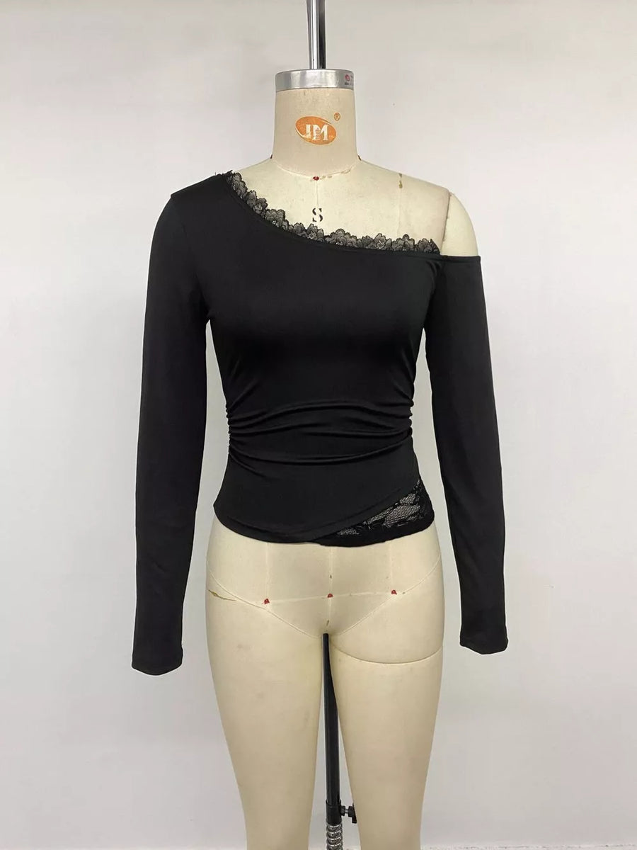 One-shoulder Lace Trim Slim Fit T-shirt in black