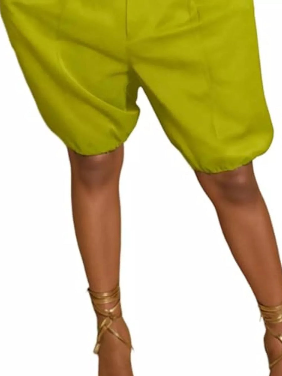 Yellow green pleated high-waisted shorts with drawstring detail