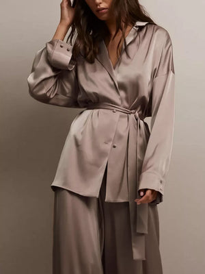 Satin Long Sleeve Shirt And Pants Set in White