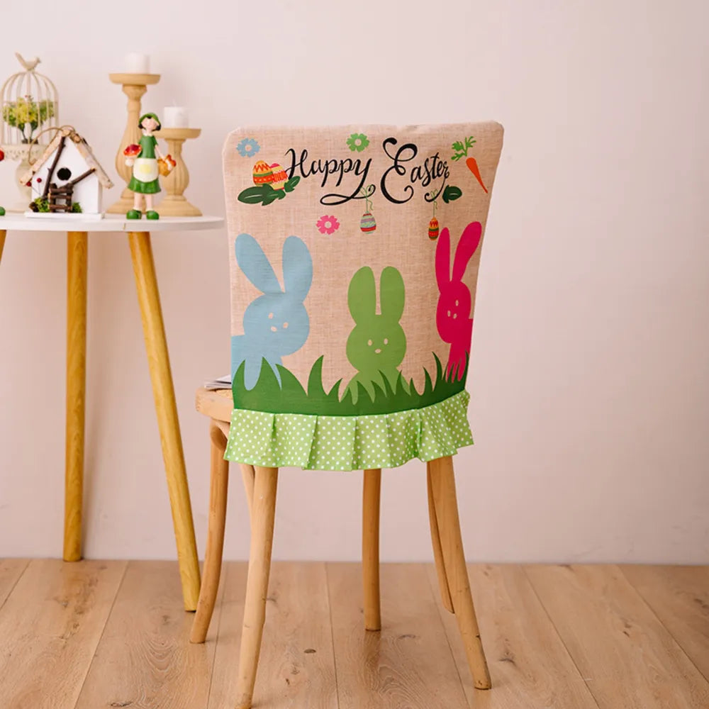 Easter chair cover with bunnies, grass, and Happy Easter text, ruffled polka dot trim