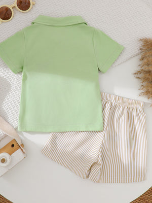 Baby boys light green cotton polo shirt and tan striped shorts set