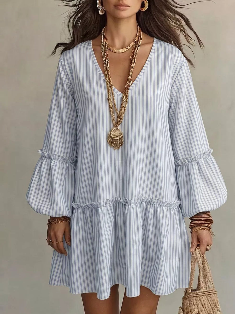Pink Striped Balloon Sleeve Mini Dress Plus Size