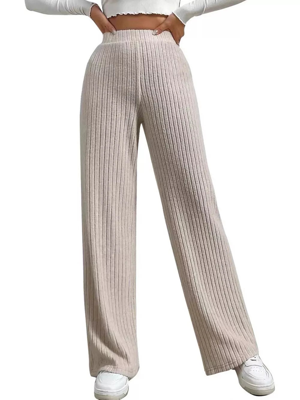 wide-leg pants in oatmeal featuring ribbed and wide-leg fit