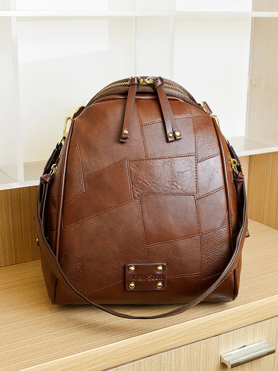 backpack in dark brown with patchwork and convertible