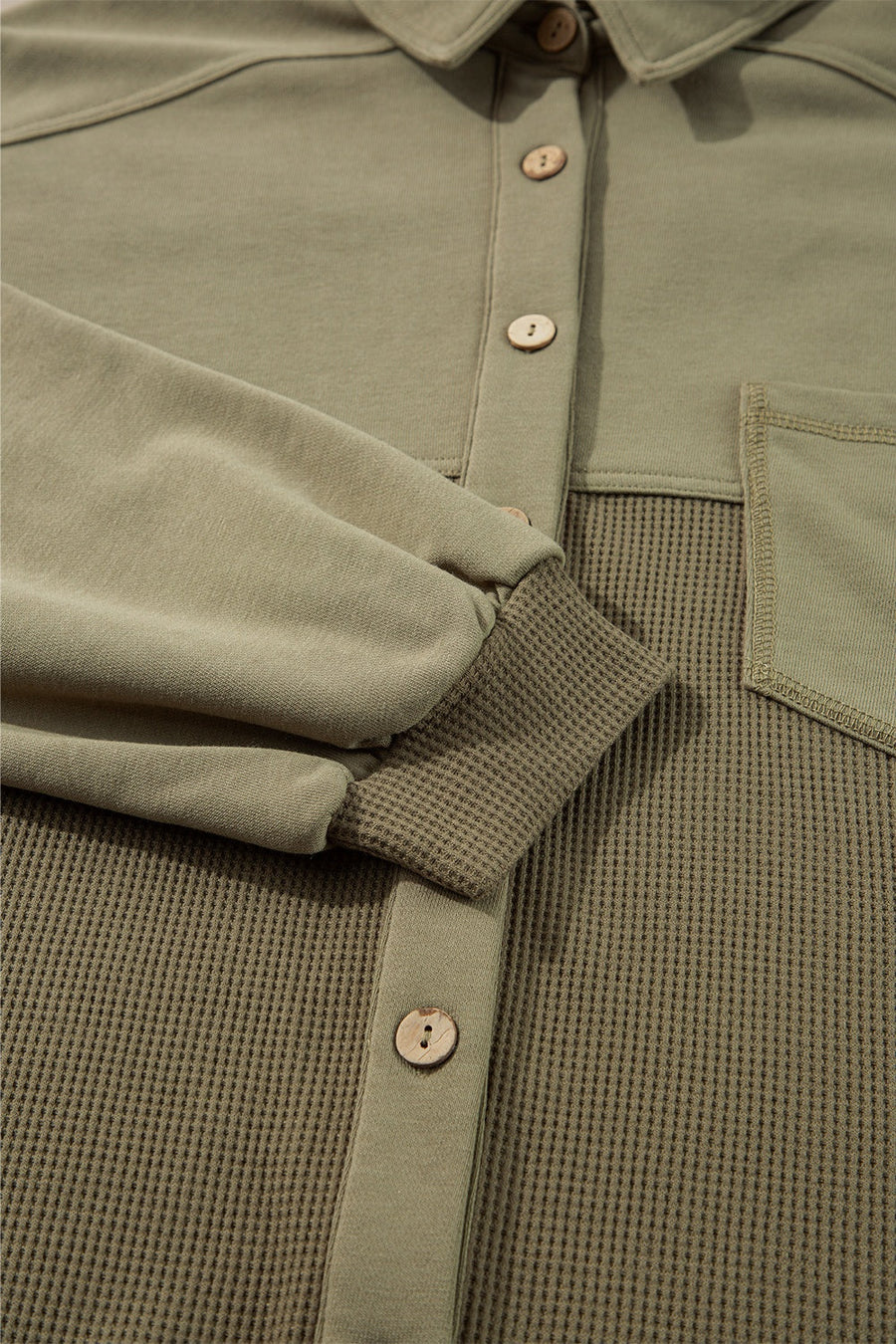 Moss waffle knit shacket with gathered sleeves and button front