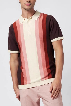 Gradient stripe knit polo shirt with cream collar and cuffs, featuring vertical stripes in cream, pink, and burgundy.
