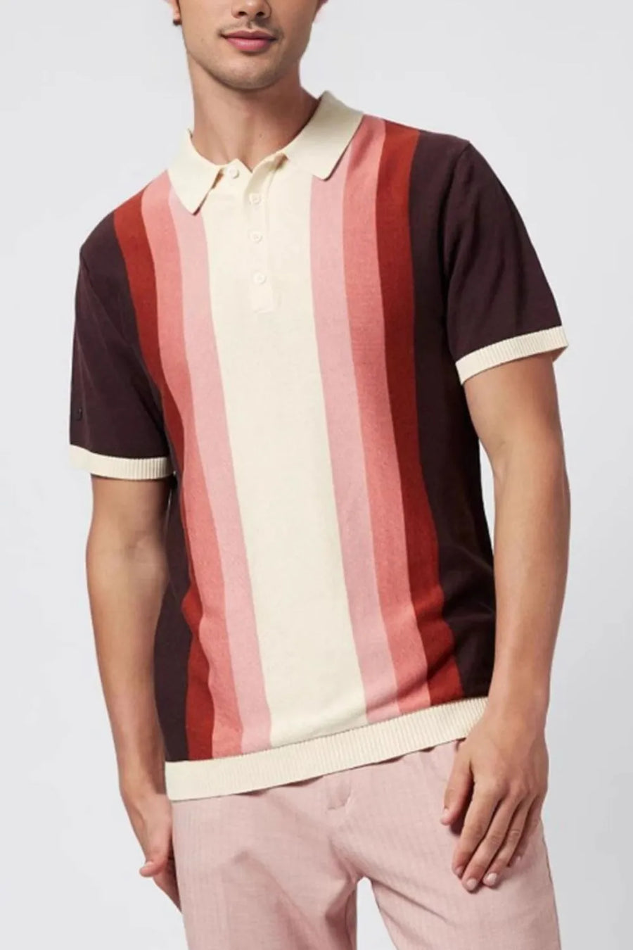 Gradient stripe knit polo shirt with cream collar and cuffs, featuring vertical stripes in cream, pink, and burgundy.