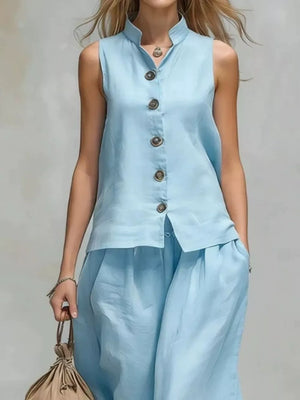 bohemian two-piece set in Black with mandarin collar