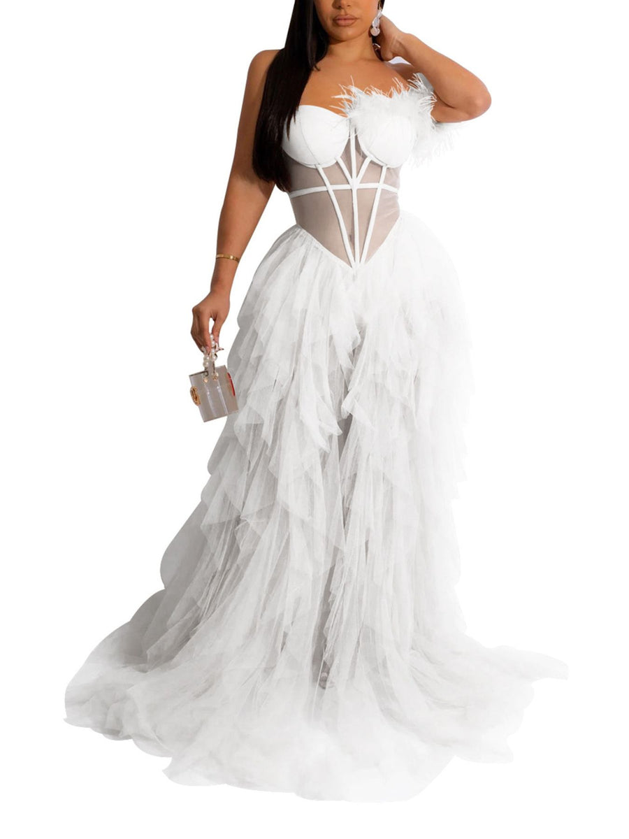 White A-line formal gown with strapless