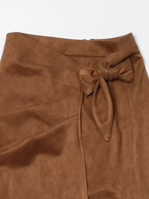Brown suede midi skirt with tie waist and slit detail