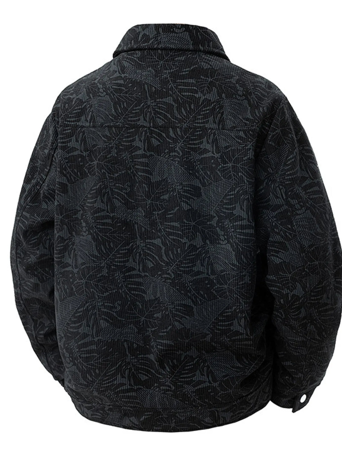Black corduroy jacket with a tonal leaf print, collared, buttoned, long sleeves.