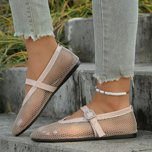 Mesh ballet flats in eggshell with buckle detail and strap