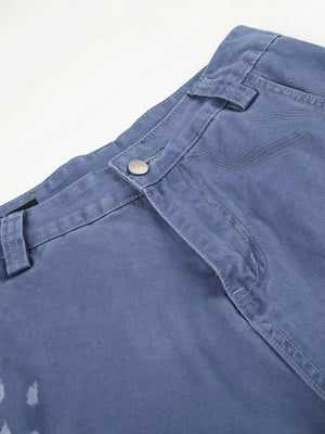 Blue faded cargo capris with distressed detailing and stylish stitching.