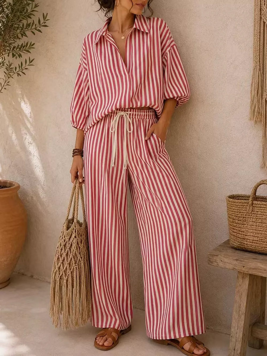 Striped Puff Sleeve Shirt And Wide-leg Pants Set in Black