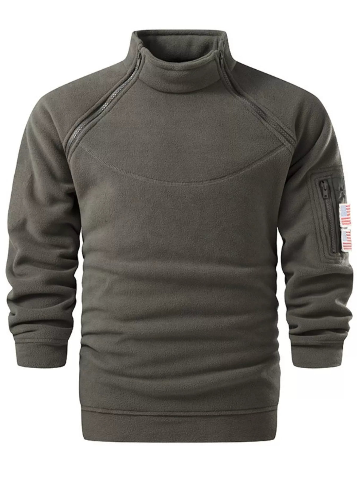 Military green fleece sweatshirt with mock neck, diagonal chest zippers, and zippered arm pocket with flag detail.