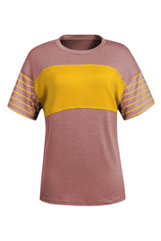 Colorblock raglan tee in dusty pink and yellow with striped sleeves and crewneck.