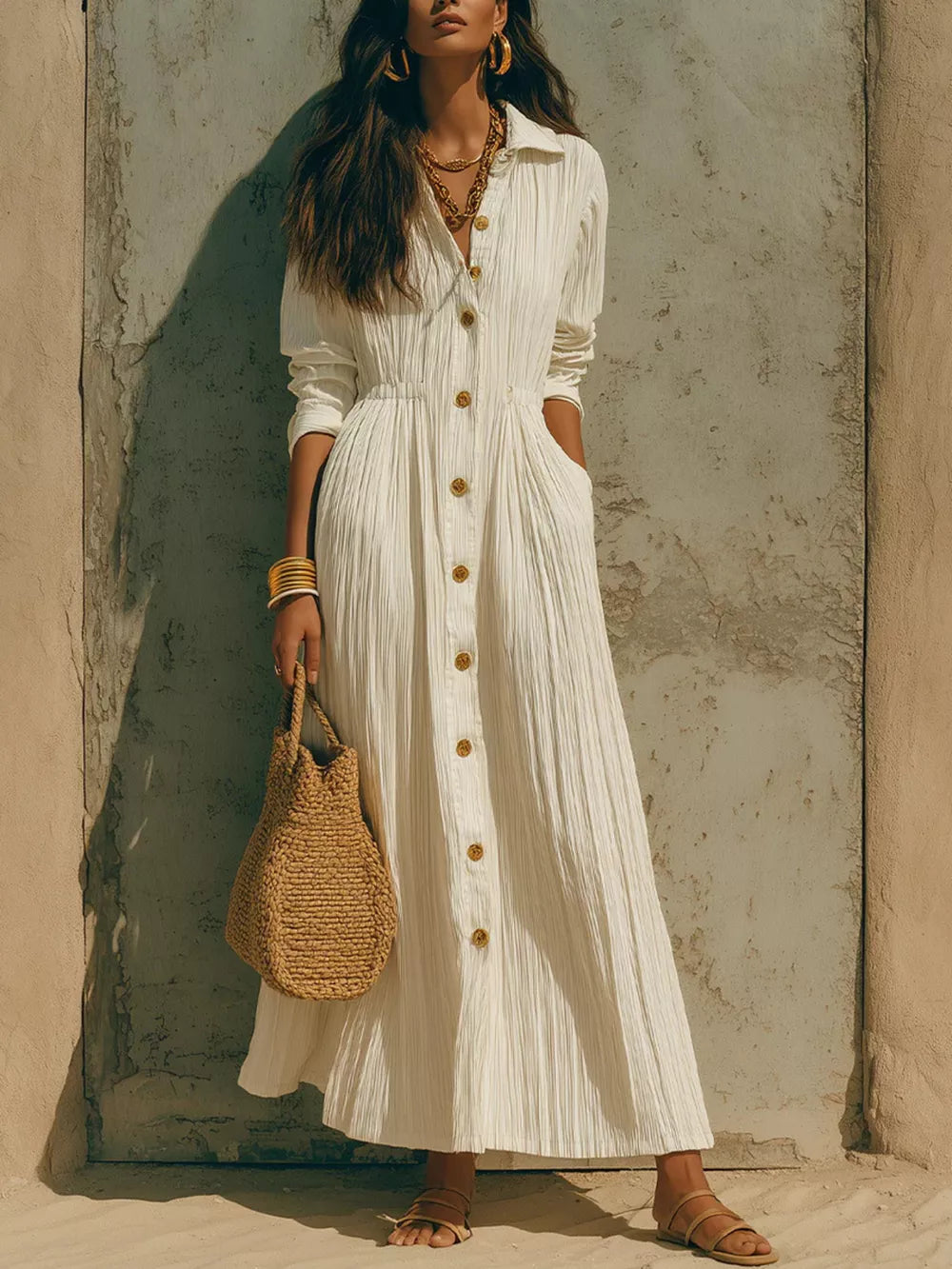 cream maxi dress with textured and collared