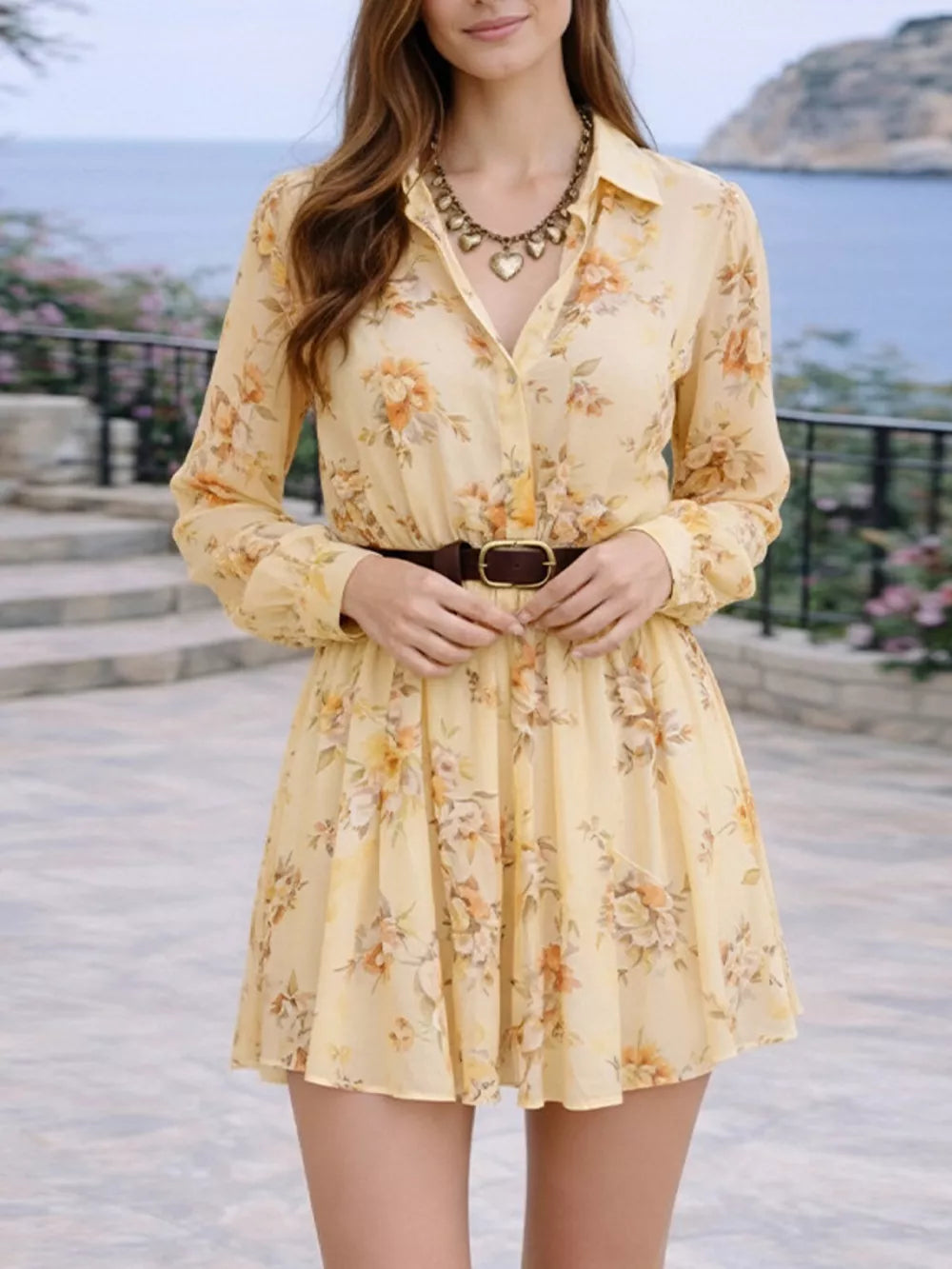 shirt dress featuring floral in Yellow with 100% polyester Care instructions: Machine wash cold texture