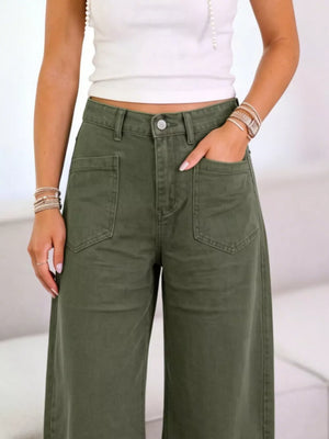 Wide-leg Jeans With Front Patch Pockets in chocolate brown with patch pockets