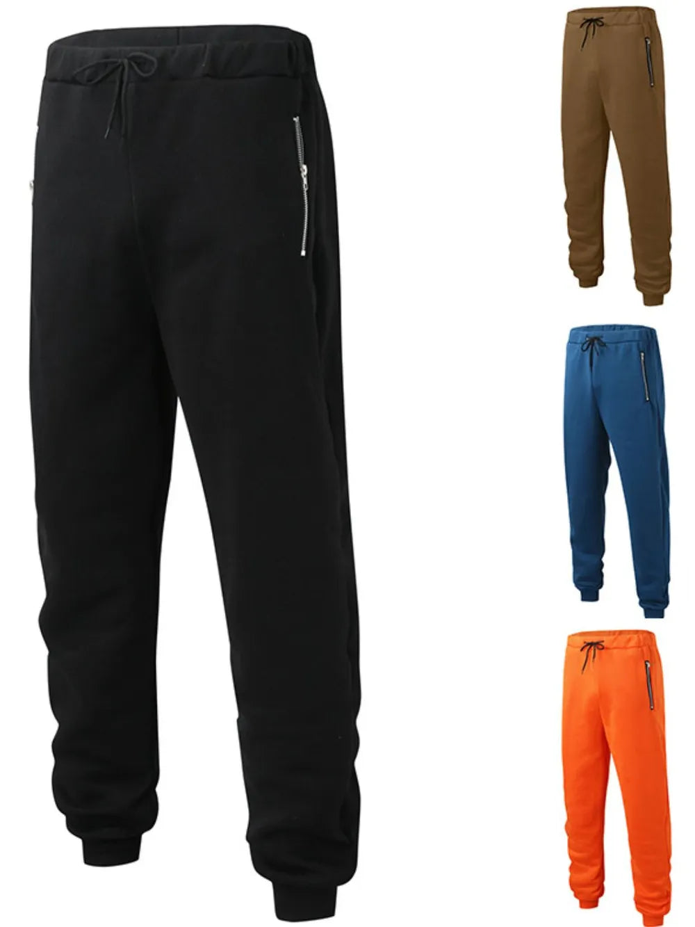 Black fleece joggers with drawstring waist and zip pockets