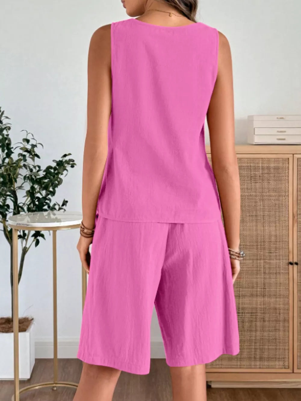 Fuchsia pink relaxed fit tank and shorts set, sleeveless top with crew neck, casual summer outfit.