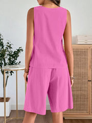 Fuchsia pink relaxed fit tank and shorts set, sleeveless top with crew neck, casual summer outfit.